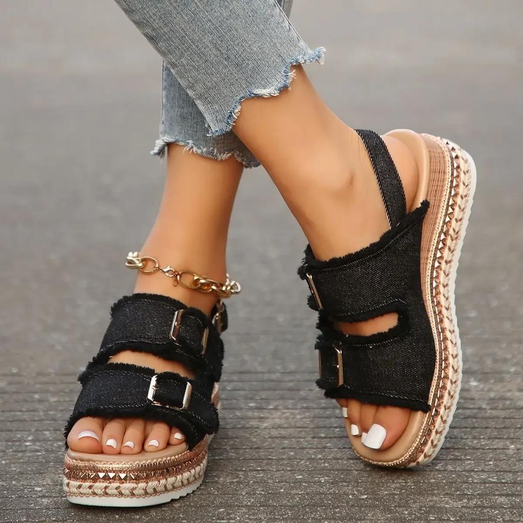 Women Chunky Platform Wedges Sandals Female Summer Blue Denim Beach Sandals Woman Ankle Straps High Heels Sandalias Plus Size 42