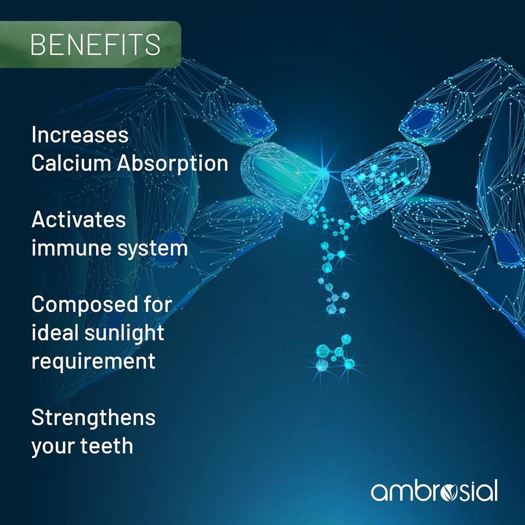 Витамин D3 Ambrosial 4000 МЕ (100 мкг) |Таблетки с витамином D для здоровья костей и зубов |Поддерживает иммунитет и мышечную функцию (Упаковка из 1-60 мягких капсул)