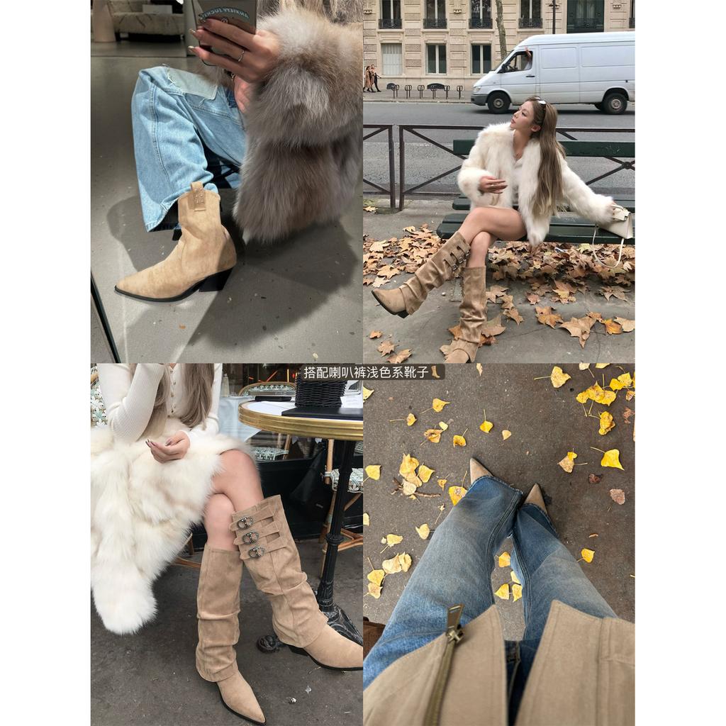 Korean Version of Retro Western Cowboy Boots Hardware Buckle Fashion Versatile Removable Boot Cover Two Wear Boots Women's Boots