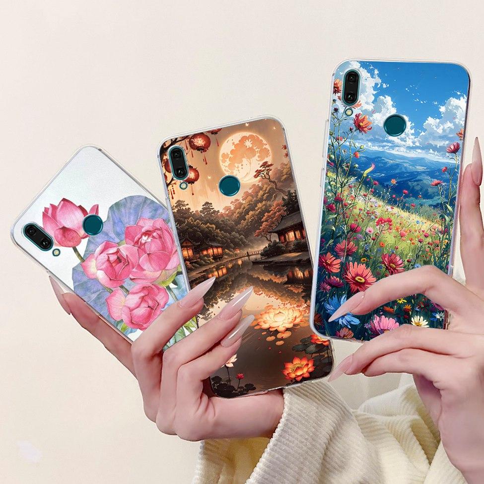 Clear For Huawei Y9 2019 Case Cover Cute Fashion Flowers Funny Cool Painted Soft Phone Case For Huawei JKM-LX1 JKM-LX2 JKM-LX3