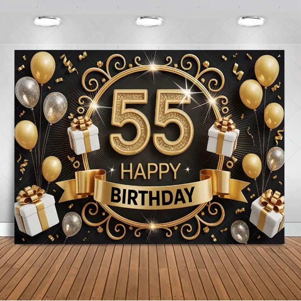 Счастливого 55-летия Фон для Фотосессии Шары Черно-Золотые 55 Лет Блестящее Украшение для Вечеринки Реквизит для Фотосъемки