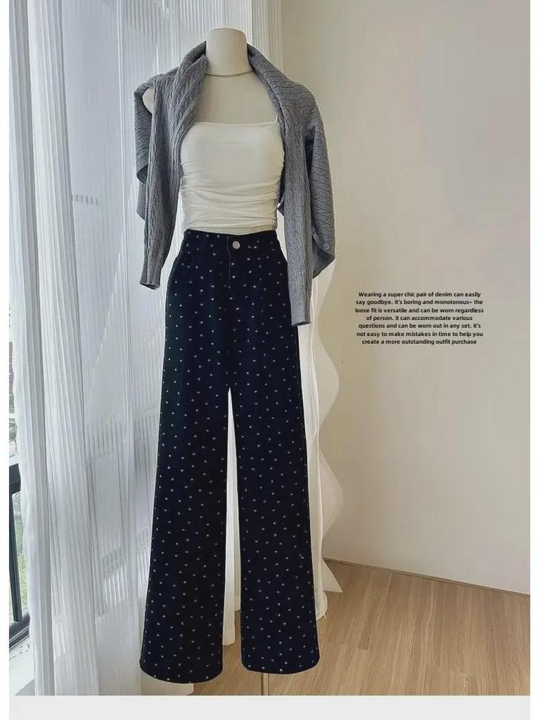 Женские широкие джинсы с высокой талией в черный горошек на осень - Большие размеры