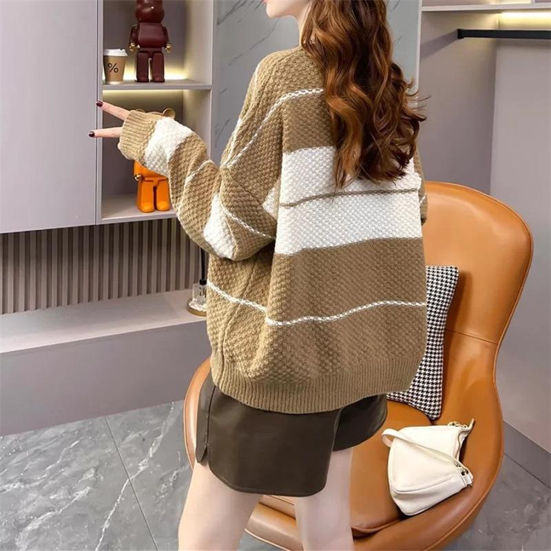 Осень и зима свободный ленивый ветер контрастный полосатый свитер женский новый круглый вырез длинный рукав вязаный свитер куртка топ