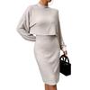 2 Pcs/Set Women Top Dress Suit Mock Collar Thread Long Sleeve Sweater V Neck Sheath Slim
