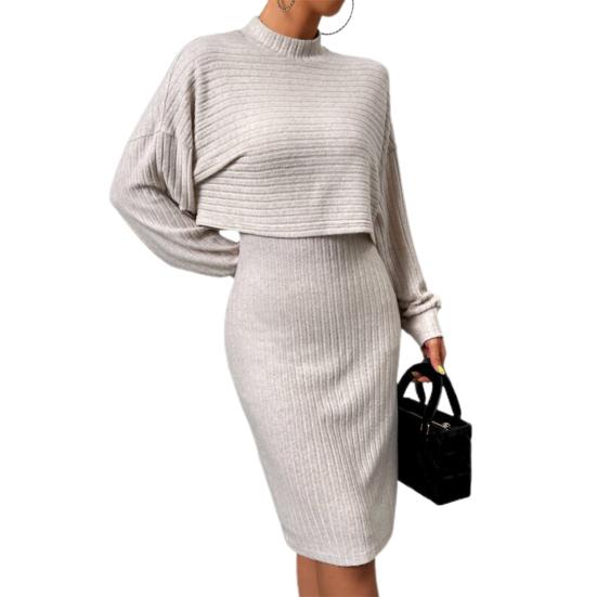 2 Pcs/Set Women Top Dress Suit Mock Collar Thread Long Sleeve Sweater V Neck Sheath Slim