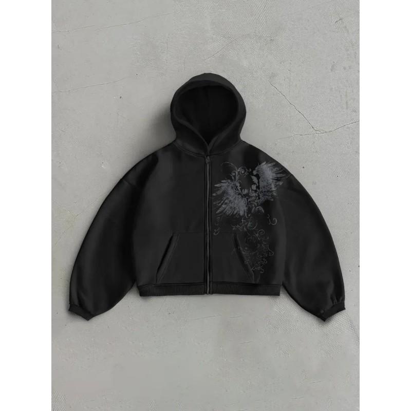 2026 Fall Winter Hooded Zip Sweatshirt Printed Streetwear Loose Vintage Outerwear Women