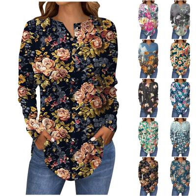 Модная свободная футболка с длинным рукавом и цветочным принтом на пуговицах, топ-пуловер