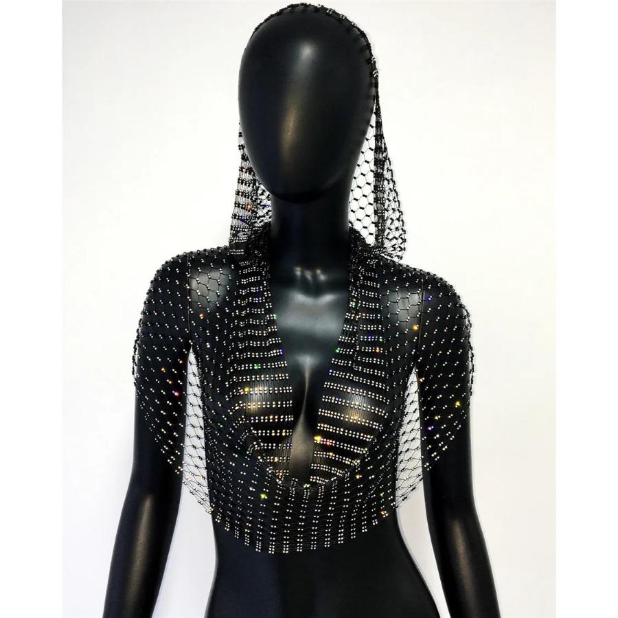 Sexy Deep V Neck Backless Camisole For Women Shiny Rhinestone Hollow See Through Fishnet Hooded Tank Top Rave Festival Crop Tops