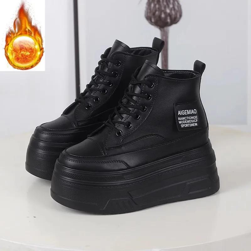 Мода 12 см Натуральная кожа Женские Повседневные Белые Туфли на платформе и танкетке, Обувь для скейтборда на скрытой танкетке, Обувь Вулканизированная, плюшевые Массивные Кроссовки