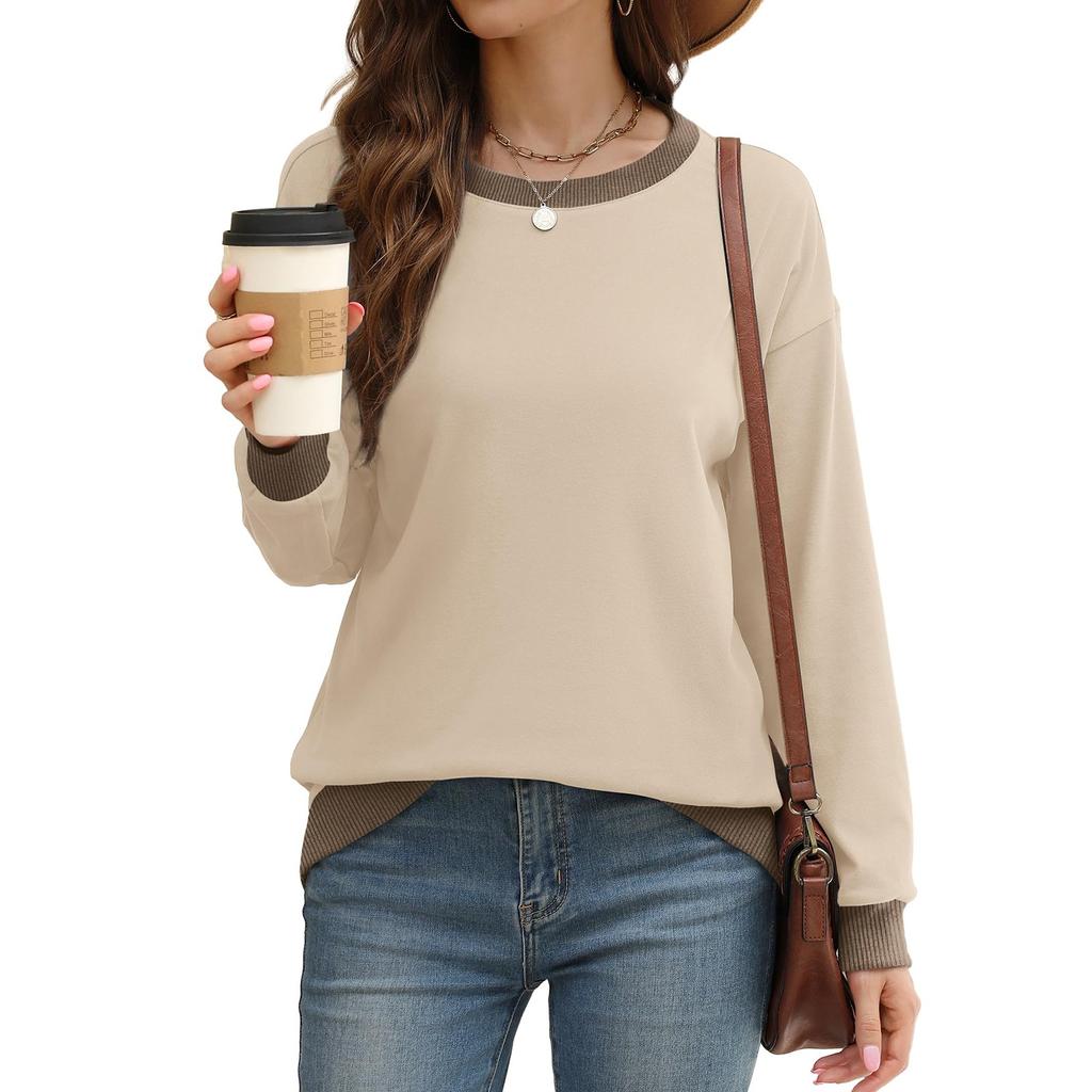 Женская спортивная рубашка весна-лето с круглым вырезом и длинным рукавом, свободный топ с цветными блоками и ребристым краем, модная