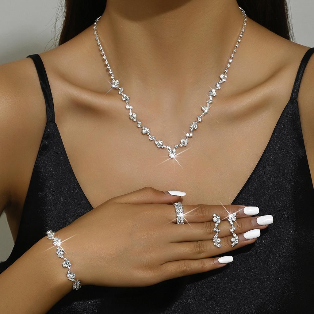 Rhinestones Necklaces Earrings Bracelet Ring Set Hypo-allergenic Dazzling Accessories Kit for Banquet Gown Birthday Dresses Skirts