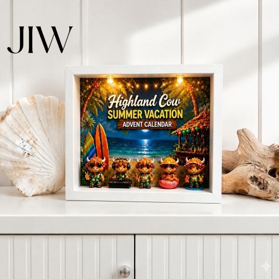 Holiday Gift Box Highland Cow Summer Vacation Advent Calendar 2026, 24 Days Mini Cattle Figurines with Figures Countdown LED Light Frame for Farmhouse
