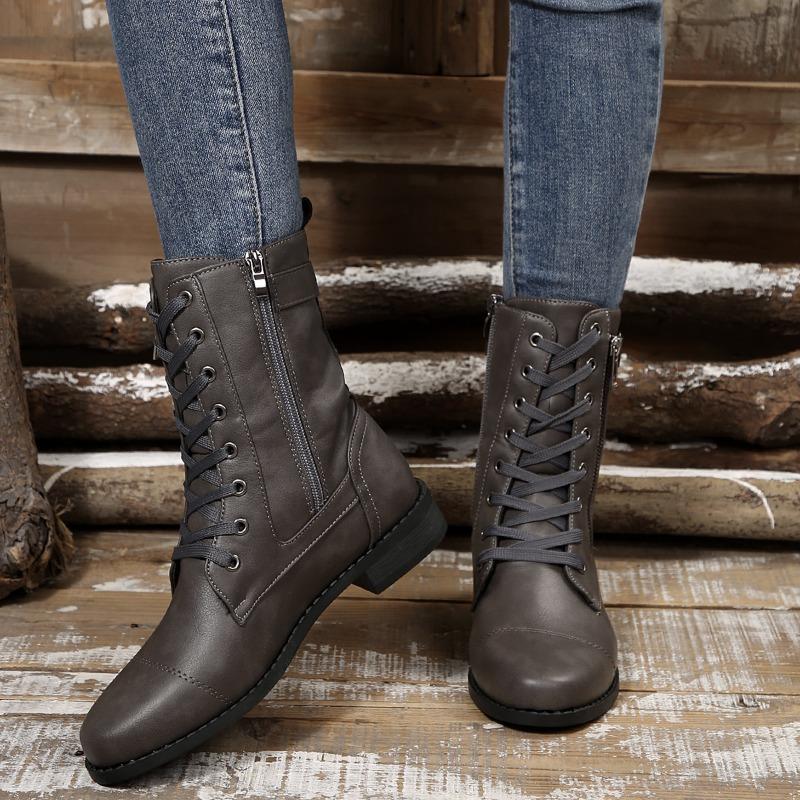 Fashion Low Heel Single Boots Autumn New Round Toe Front Lace-Up Side Zipper Soft Sole Anti-Slip Wear-Resistant Short Shoe