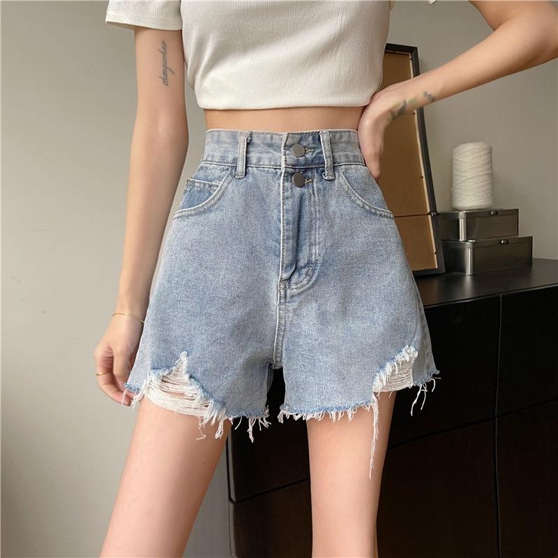 Summer Pants Classic and Minimalist Fashion Versatile Summer Women's Row Buckle High Waist Hole Thin Loose Outside Wear Wide Leg A Word Denim Shorts