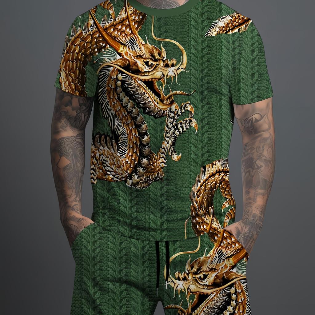 Мужской комфортный комплект из двух предметов с принтом дракона: модная футболка с короткими рукавами и повседневные шорты с карманами на шнурке для летней уличной одежды