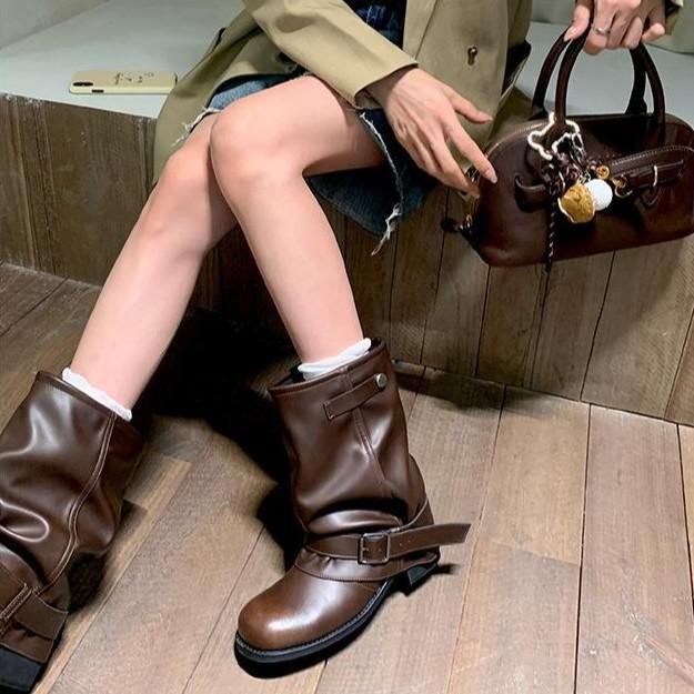 Genuine Leather~ Inner Height Increase Western Cowboy Pile Boots Women's 2025 Autumn Pleated Trousers Short Boots Retro Knight Martin Boots