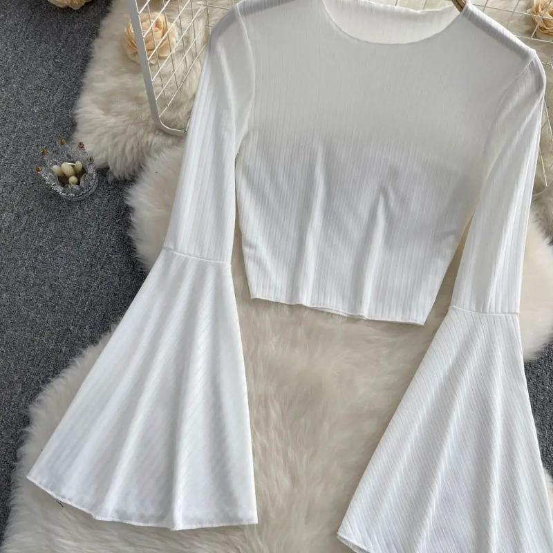 Hotsweet Elegance Casual Fashion Расклешенный рукав Короткий О-образный вырез Тонкая футболка и блузки Топ Лето Осень Одежда Для Женщин Базовые