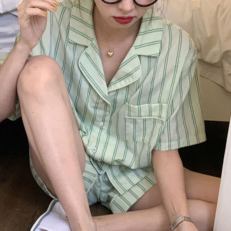 WeChat new short-sleeved pajamas women's summer lapel cute geometric loungewear Japanese and Korean popular shorts set