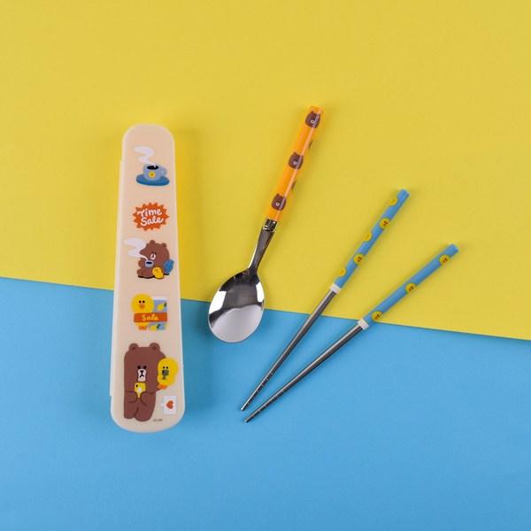 Lilpang Brown & Friends Space Efficient Vacuum Spoon Case Set, Mixed Colors, Spoon + Chopsticks + Case, 1 Set