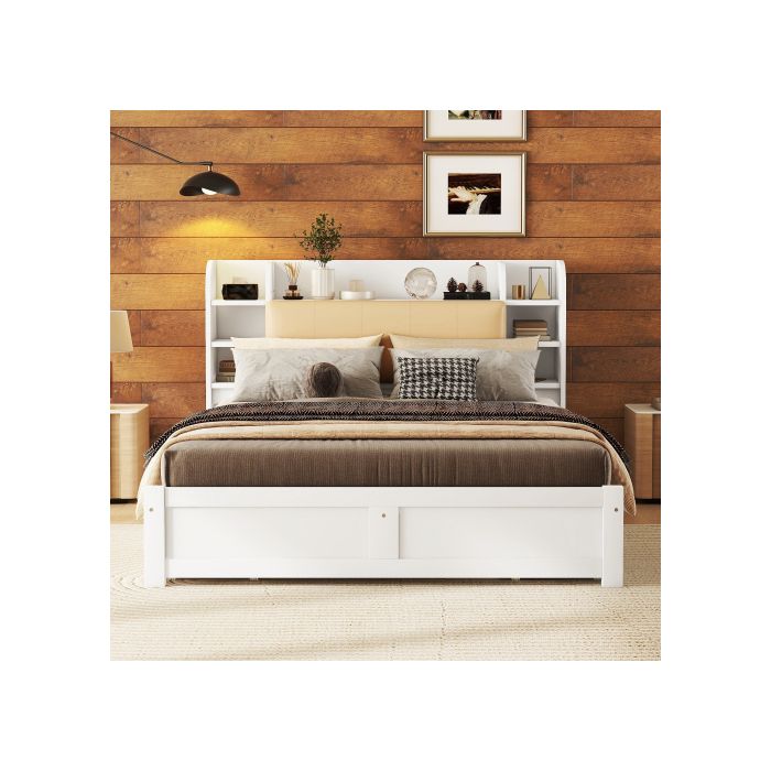 Lit - MUVOE - 160x200cm - Blanc - 4 tiroirs - Tête de lit relevable