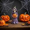 Halloween Skull Pumpkin Figurine Resin Skeleton Holding Pumpkin Statue Spooky Tabletop Ornaments for Indoor
