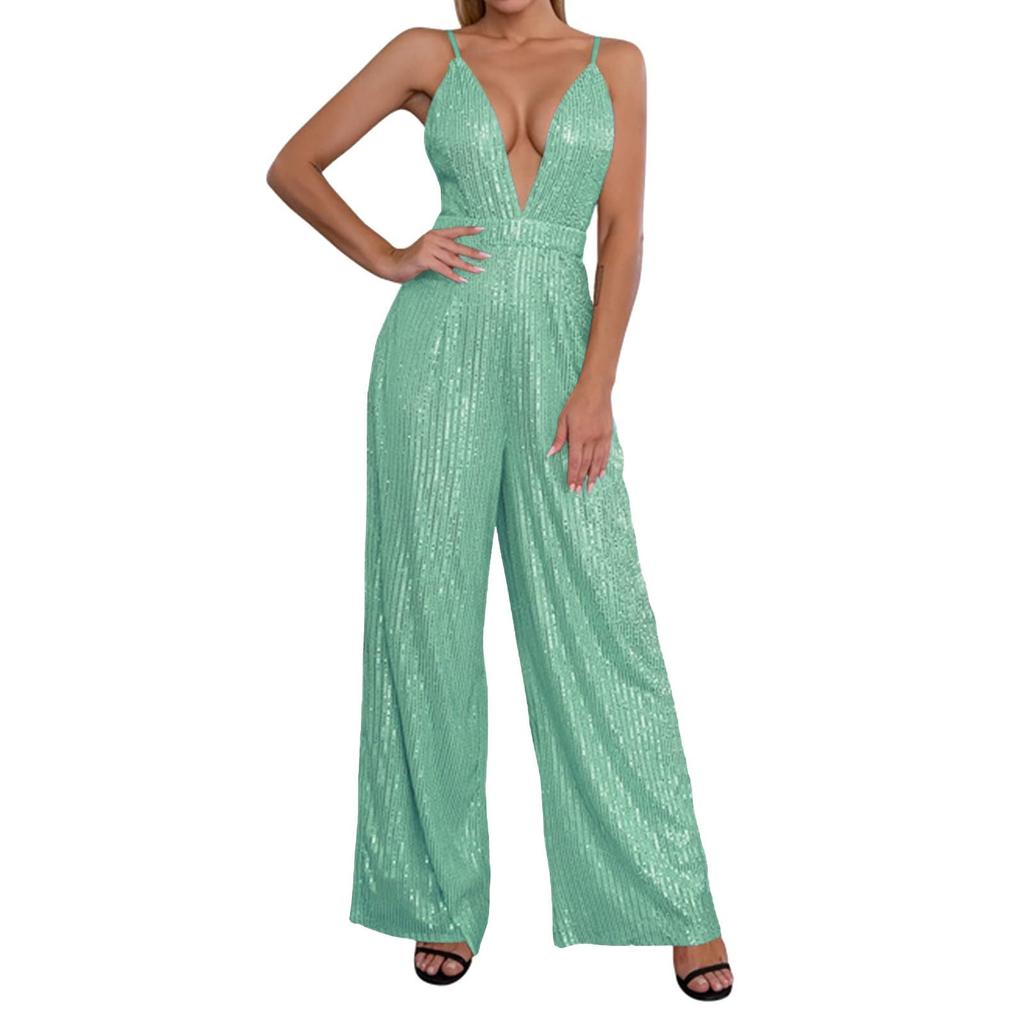 Женский модный повседневный комбинезон с V-образным вырезом, открытой спиной, без рукавов, с пайетками, однотонный