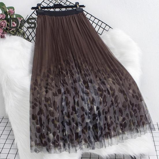 Женская юбка миди, эластичная юбка А-силуэта с высокой талией, сетчатая пряжа с леопардовым принтом, осенне-зимняя юбка, свободная плиссированная юбка