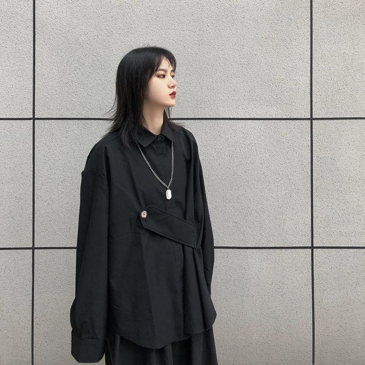 Women's Blouse Asymmetrical Japanese Style Top Streetwear Punk Cool Black Shirt Oversize Long Sleeve Button Up Alt Clothes