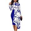 2024 Женское платье Нерегулярный подол с длинным рукавом Оболочка с круглым вырезом с принтом в тон Узкая талия Slim Fit длиной до колена Формальное повседневное платье миди