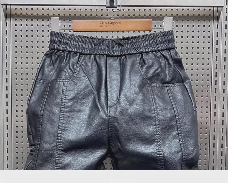 Мужские зимние утолщенные узкие брюки из искусственной кожи - мотоциклетные леггинсы в корейском стиле с бархатной подкладкой