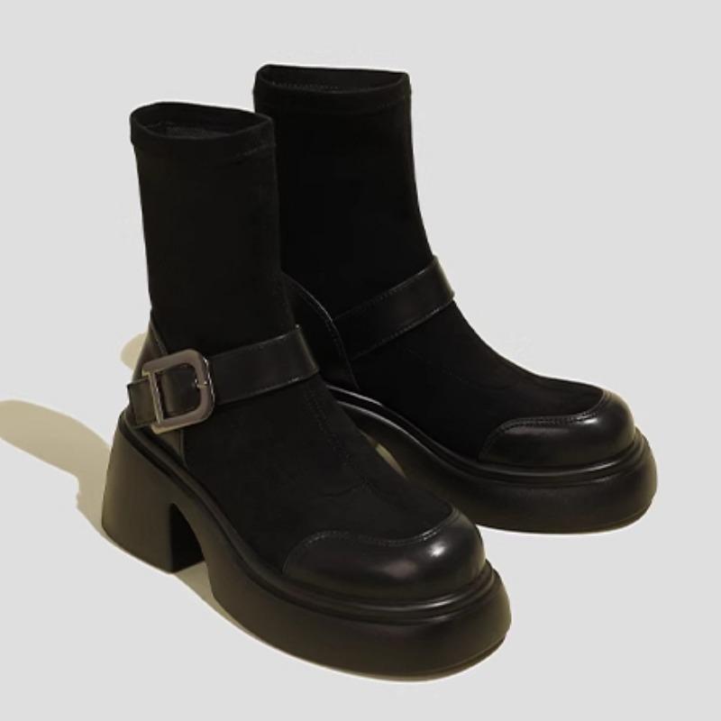 2024 Высококачественная женская обувь, женские сапоги без застежек, модные современные сапоги с пряжкой на ремне, женская горячая распродажа, голые сапоги с круглым носком