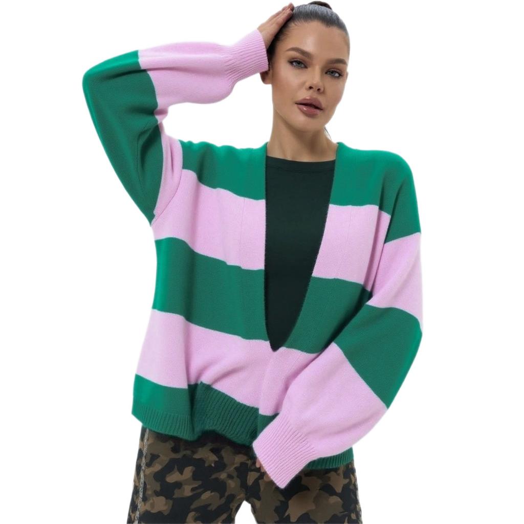 Sweater with European and American style, color-blocked striped cardigan for women, loose long-sleeve knit jacket for women, women's sweater