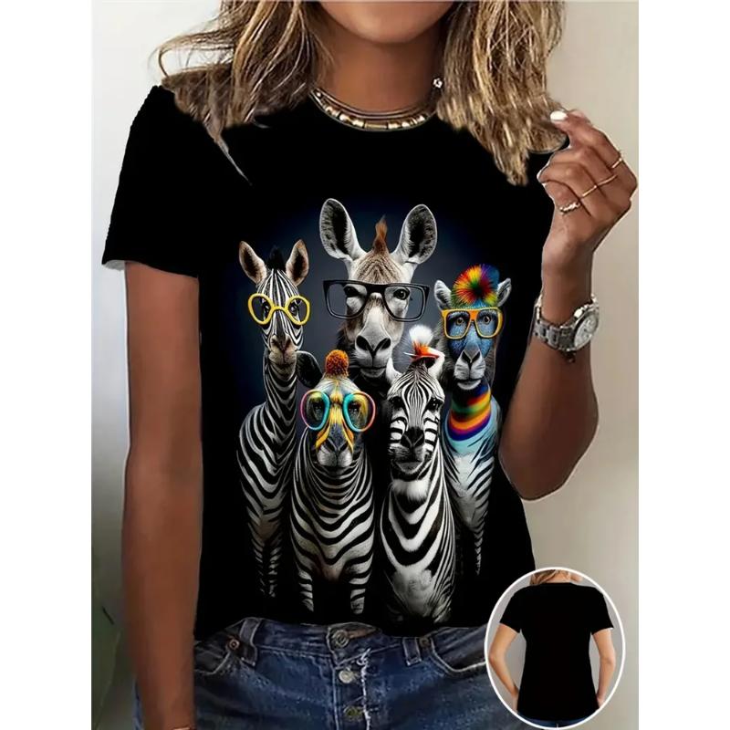 Crew Neck Women's Crew Neck T-Shirt Fashion Women's Animal Short Sleeve 3D Animal Color Printing Women's Short Sleeve Tops Daily Wear