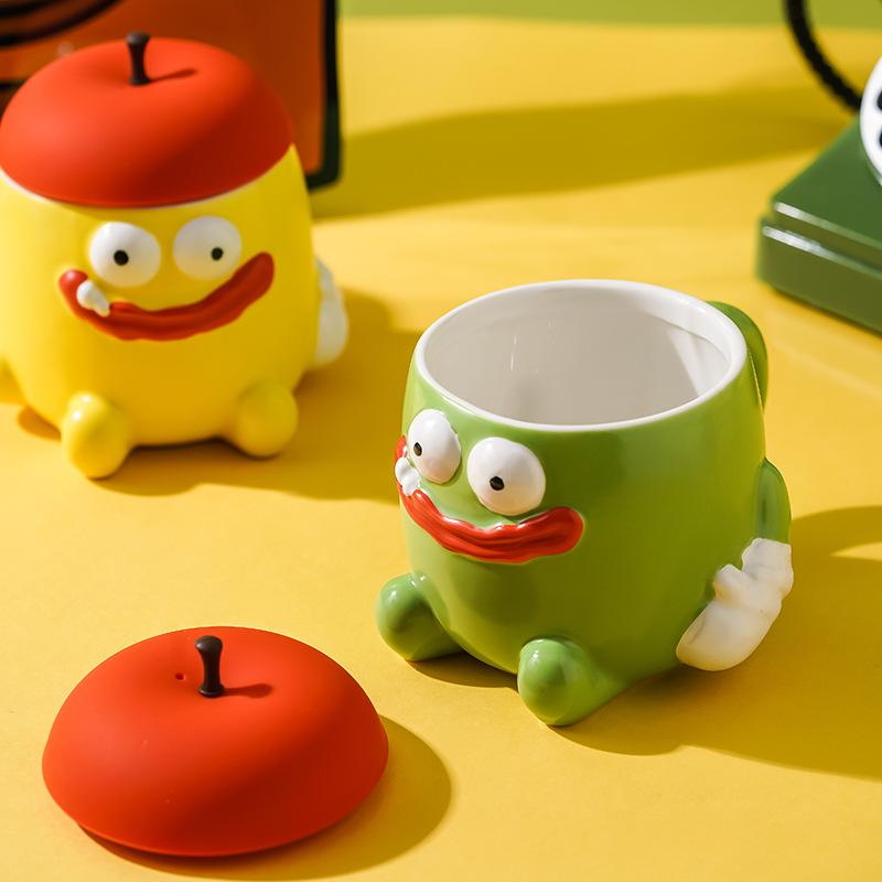 Cartoon Funny Apple Ceramic Mug Thick Lips Big Mouse Apple Shaped Coffee Mug Breakfast Milk Cup For Kids