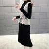 Two-piece Suits Autumn Spring Waist Knitted Suits Dress Women's Stitching Long-sleeved Long Dress Sweet A-line Dress