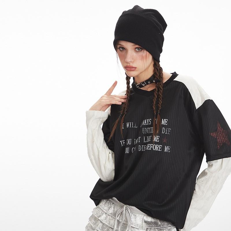 Womens Oversized Long Sleeve Tee With Color-Block Mock Layer Design V-Neck Streetwear Top