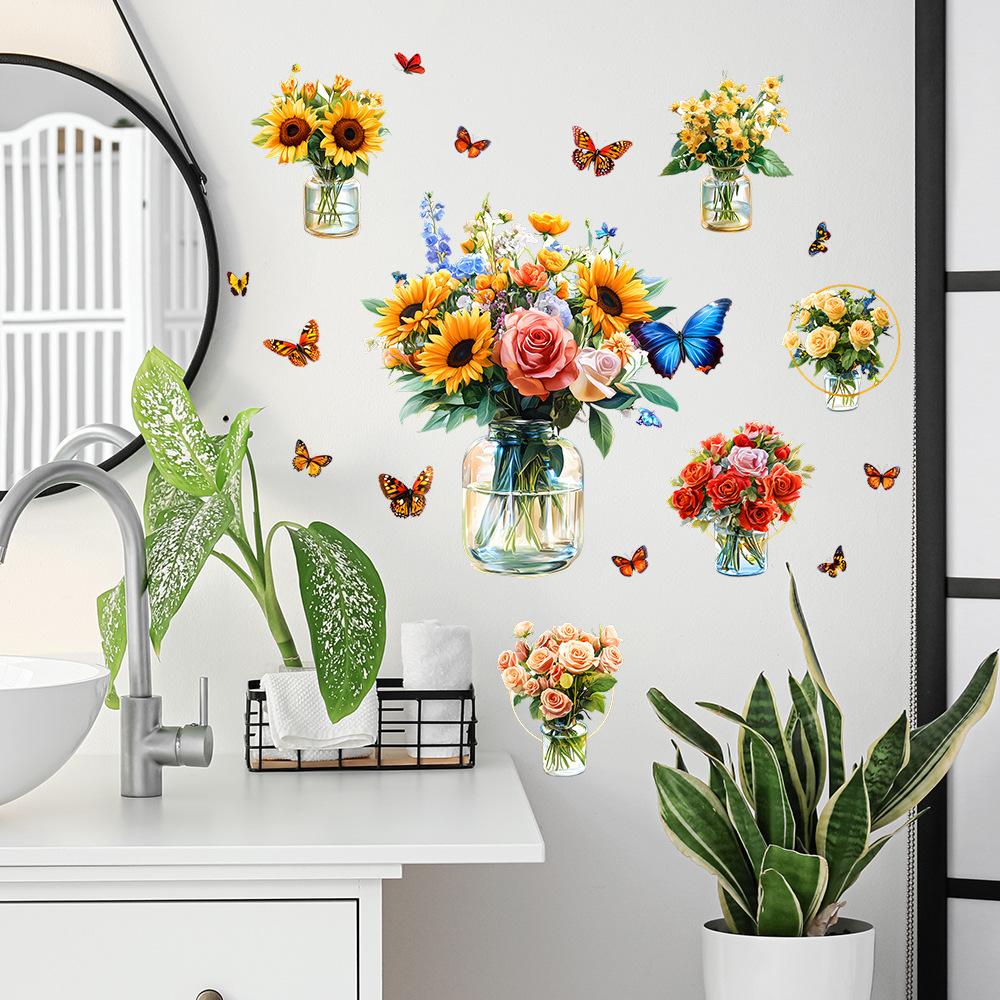 Painted Flowers Vase Butterfly Bedroom Living Room Wardrobe Home Background Beautification Decoration Stickers