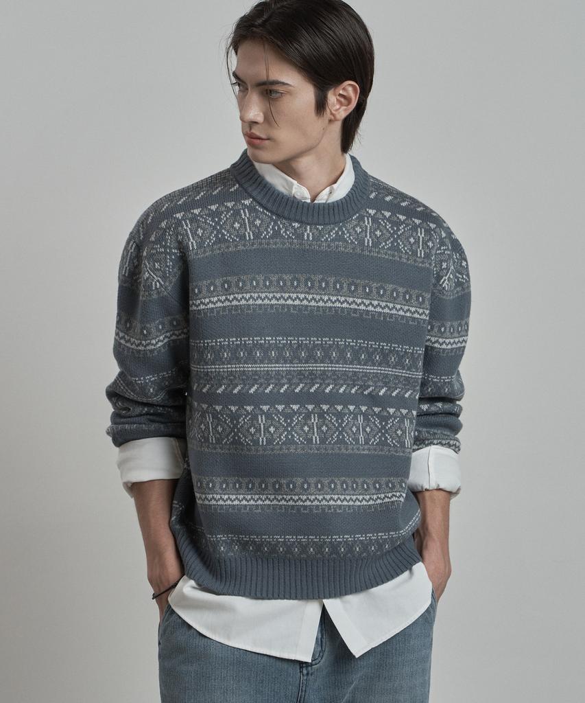 WORK ON BODY OFF Decor Semi-Overfit Fair Isle Knit [Blue]