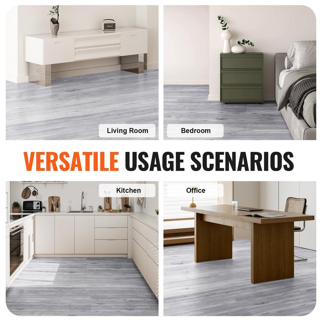 VEVOR Self Adhesive Vinyl Floor Tiles 36 x 6 inch, 20 Tiles 0.62mm Thick Peel & Stick, Light Gray Wood Grain DIY Flooring for Kitchen