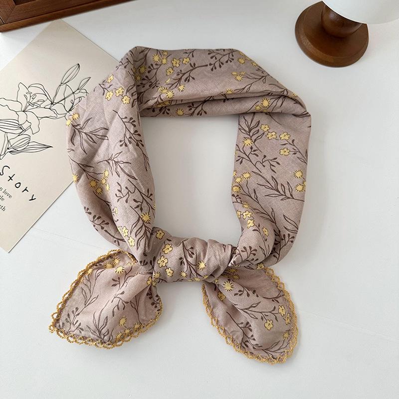 70% Cotton Linen Small Square Silk Scarf - Korean Style Floral Design for Versatile Neckwear and Decorative Use