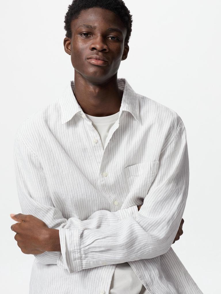 Uniqlo Рубашка из льна премиум-класса с длинным рукавом в полоску B