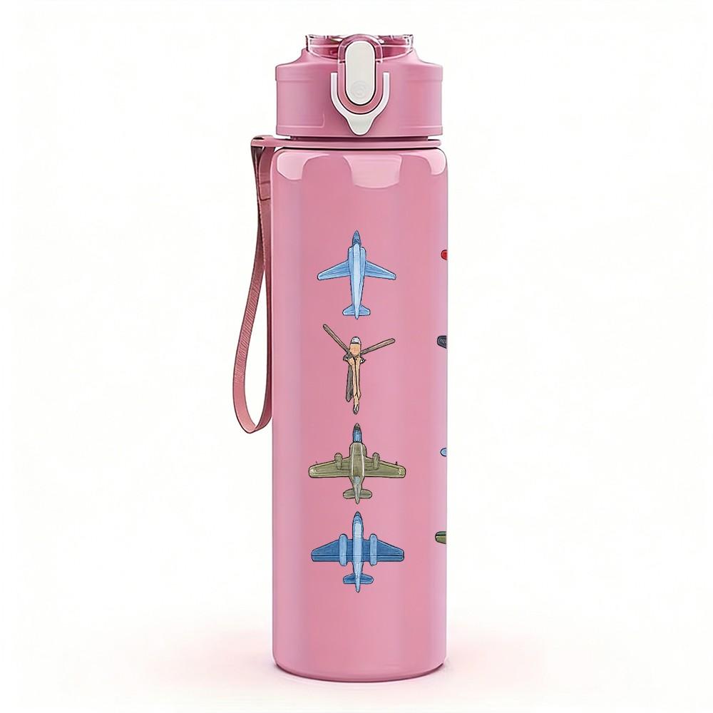 1PC Multiple Airplane Silhouette Group Print 750ml Color Plastic Sports Water Bottle Leakproof Flip Straw Lid Suitable for Sports Office Home Use