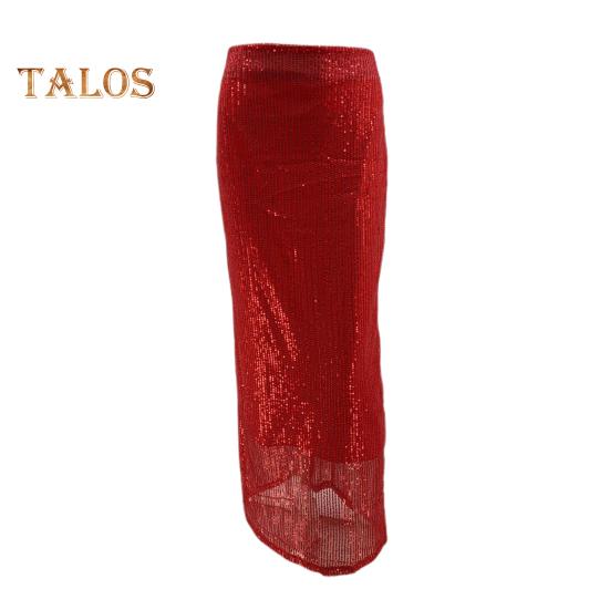 Maxi Skirt High Waist Solid Color Long Skirt with Shiny Sequin Decoration Home Commuting Street Leg-lengthening Skirt