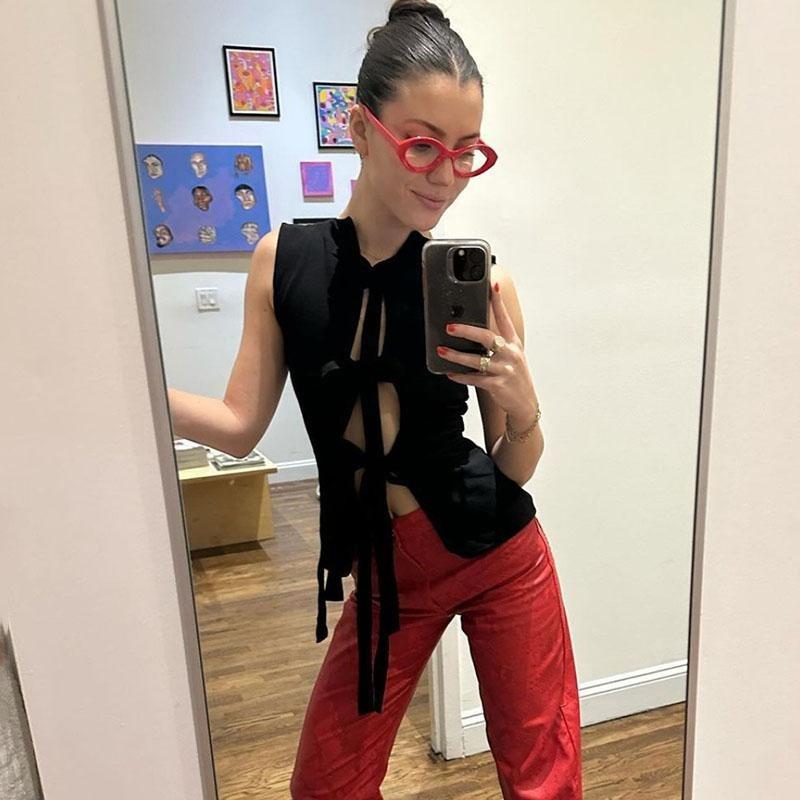 Летние сексуальные рубашки с открытой спиной на шнуровке для женщин, пляжные тонкие рукава с глубоким V-образным вырезом и бантом, укороченный топ с бантом, популярные уличные повседневные топы с вырезами