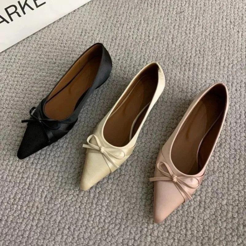 2024 South Korean New Pointed Shallow Mouth Low Heel Ballet Shoes Bow Women's Shoes Show Foreign Trade Flats Shoes Women