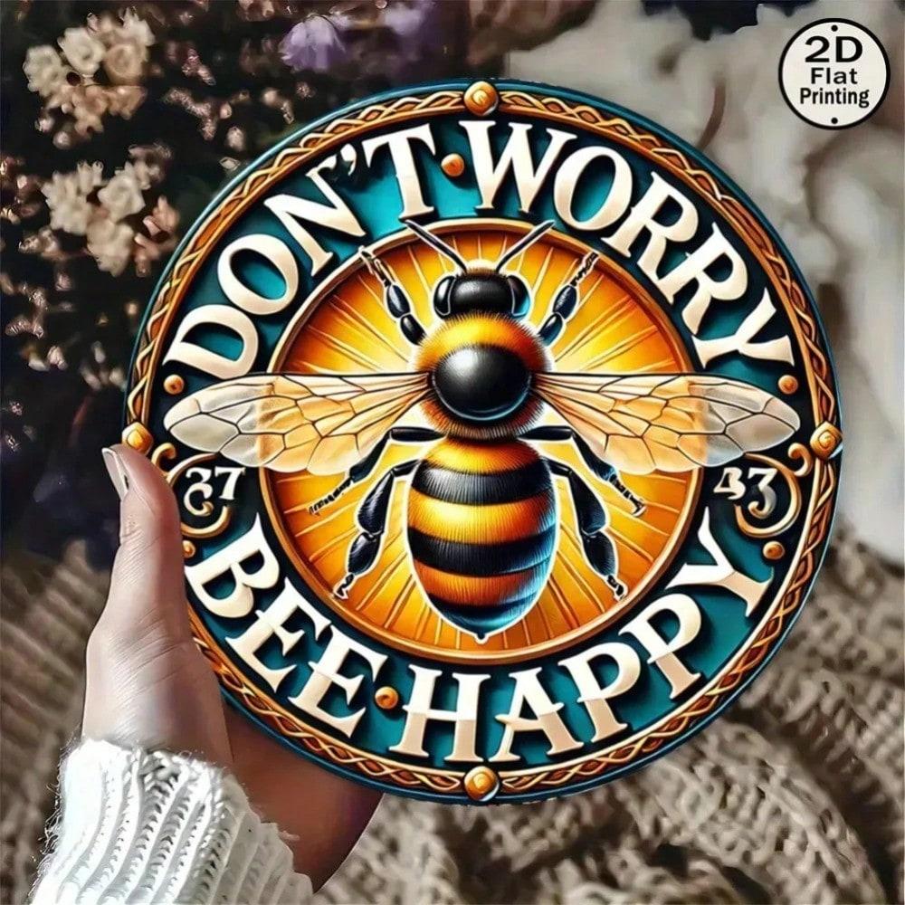 Винтажная металлическая жестяная табличка 'Bee Happy' Настенное искусство в стиле кантри Декор для дома Рустикальный Сельский