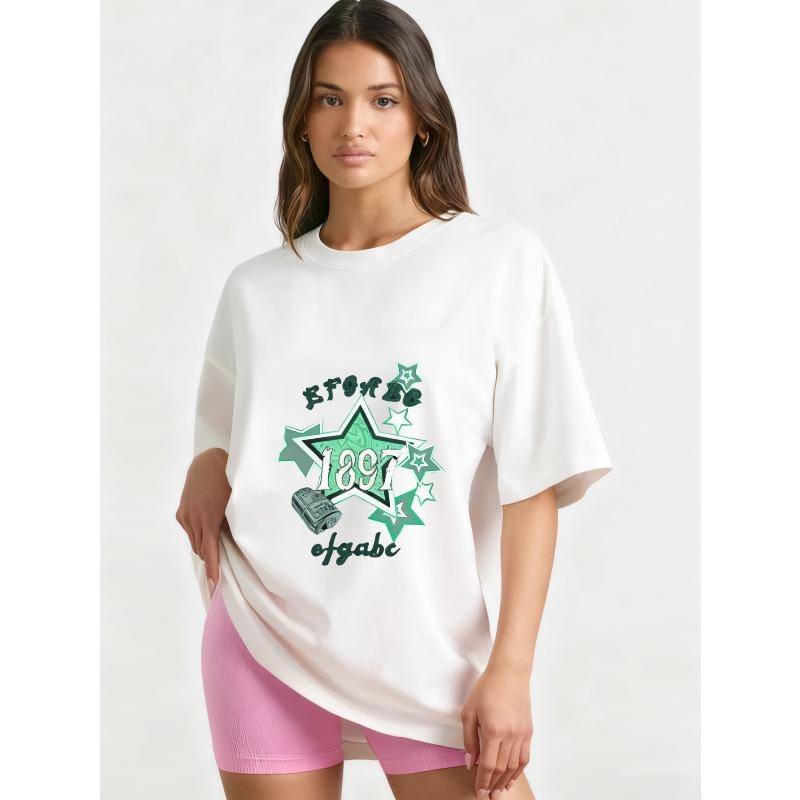 Oversized T Shirt Black Star Print 1897 Text Design Casual Streetwear Fashion Top for Women and Girls