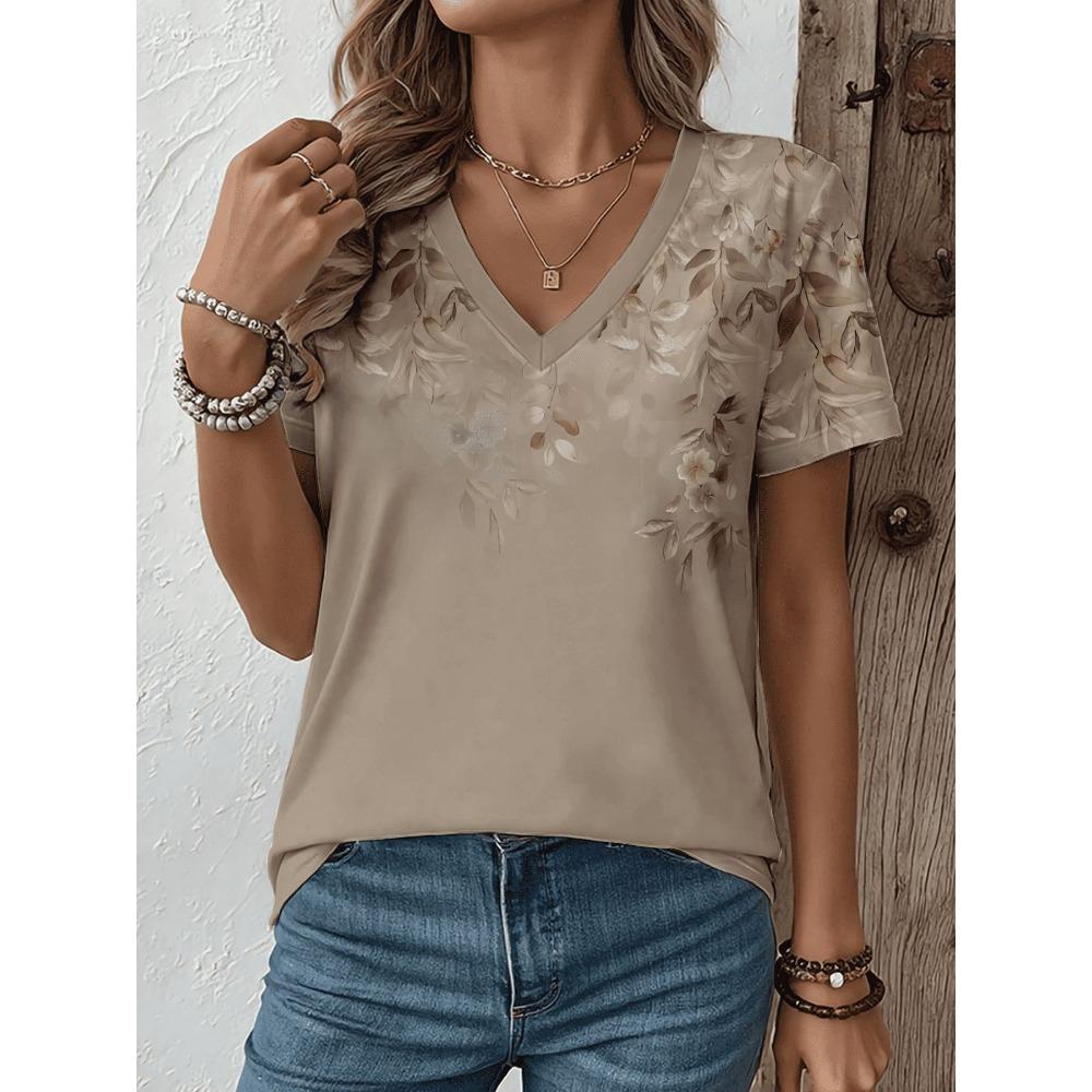 Women's V-neck short sleeved T-shirt cartoon cat print T-shirt