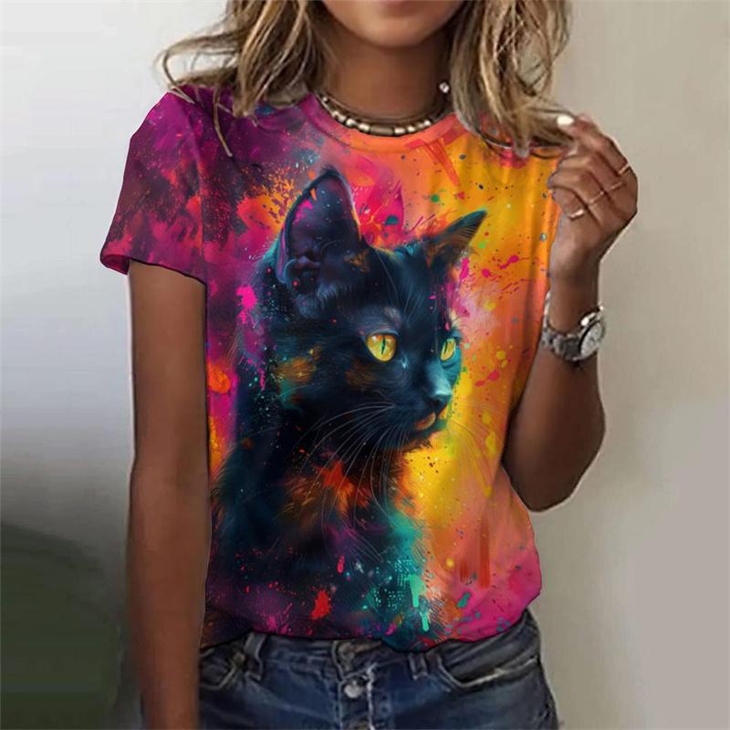 Футболка с цветочным узором и рисунком кошки для женщин, красочные футболки с 3D-принтом в виде животных, летние модные уличные футболки с круглым вырезом, короткие рукава