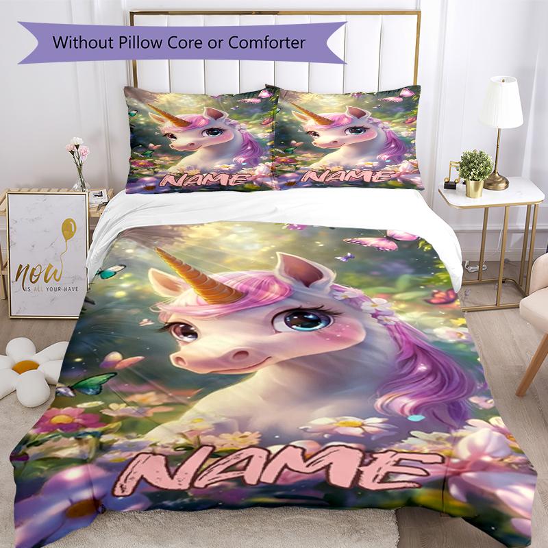 3pcs Custom Name Unicorn Bedding Set Duvet Cover Closure Includes 1 Duvet Cover & 2 Pillowcases, Soft and Comfortable for All Seasons.